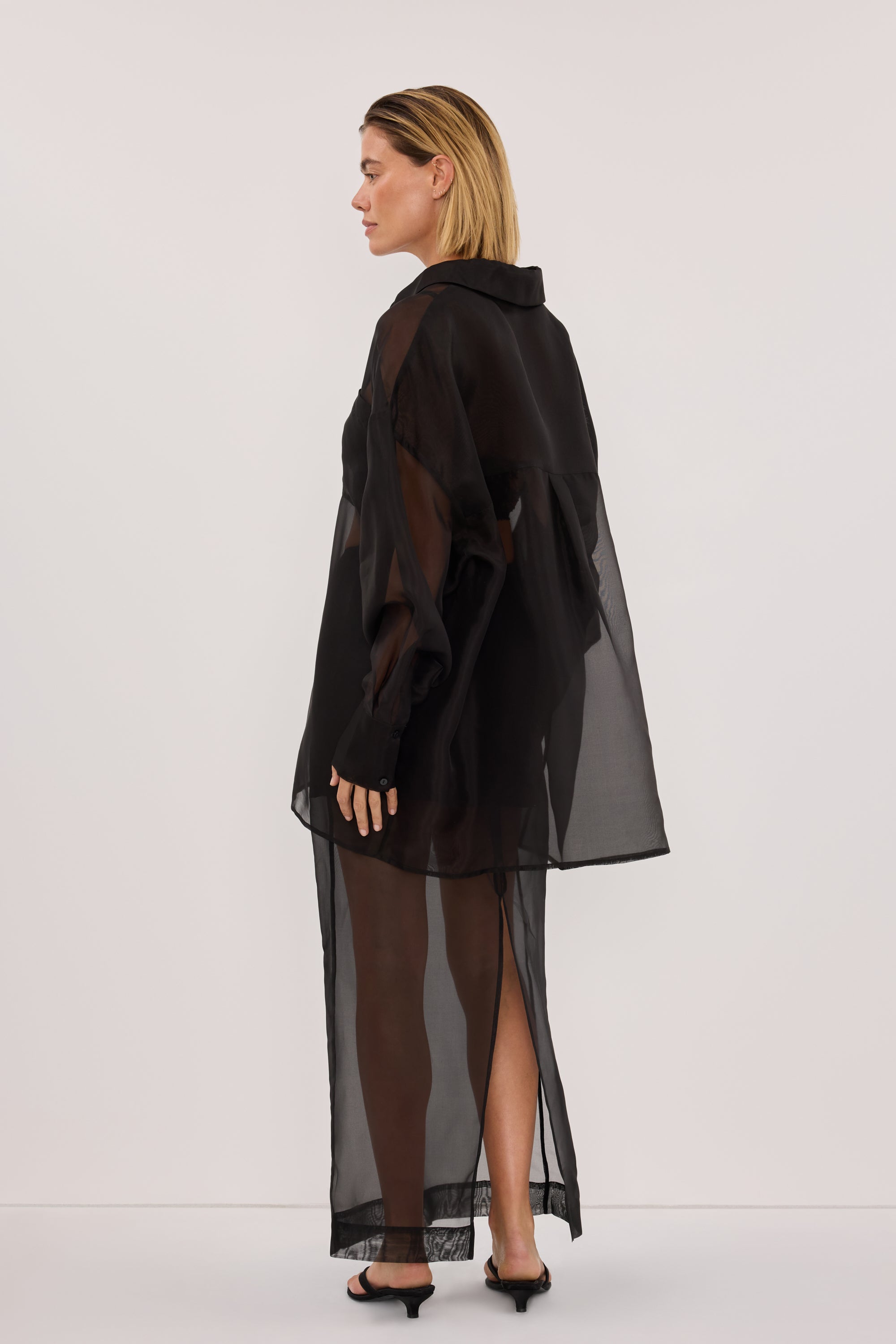 SIAN BLACK SILK ORGANZA MIDI SKIRT