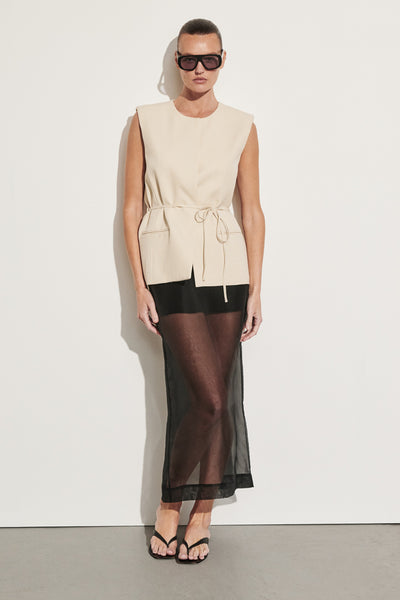 Montana wearing SIAN BLACK SILK ORGANZA MIDI SKIRT