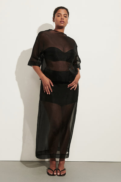 SIAN BLACK SILK ORGANZA MIDI SKIRT – DISSH