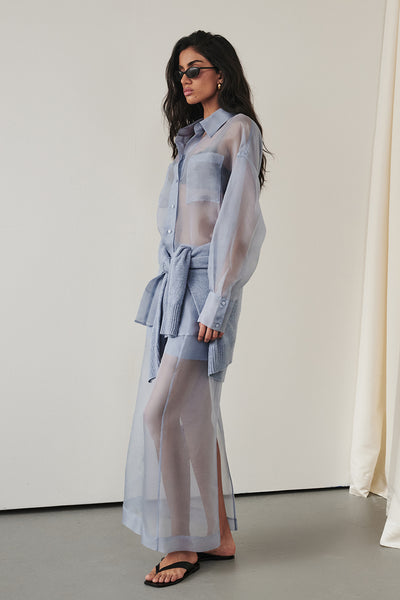 Anaya wearing SIAN DUSTY BLUE SILK ORGANZA MIDI SKIRT