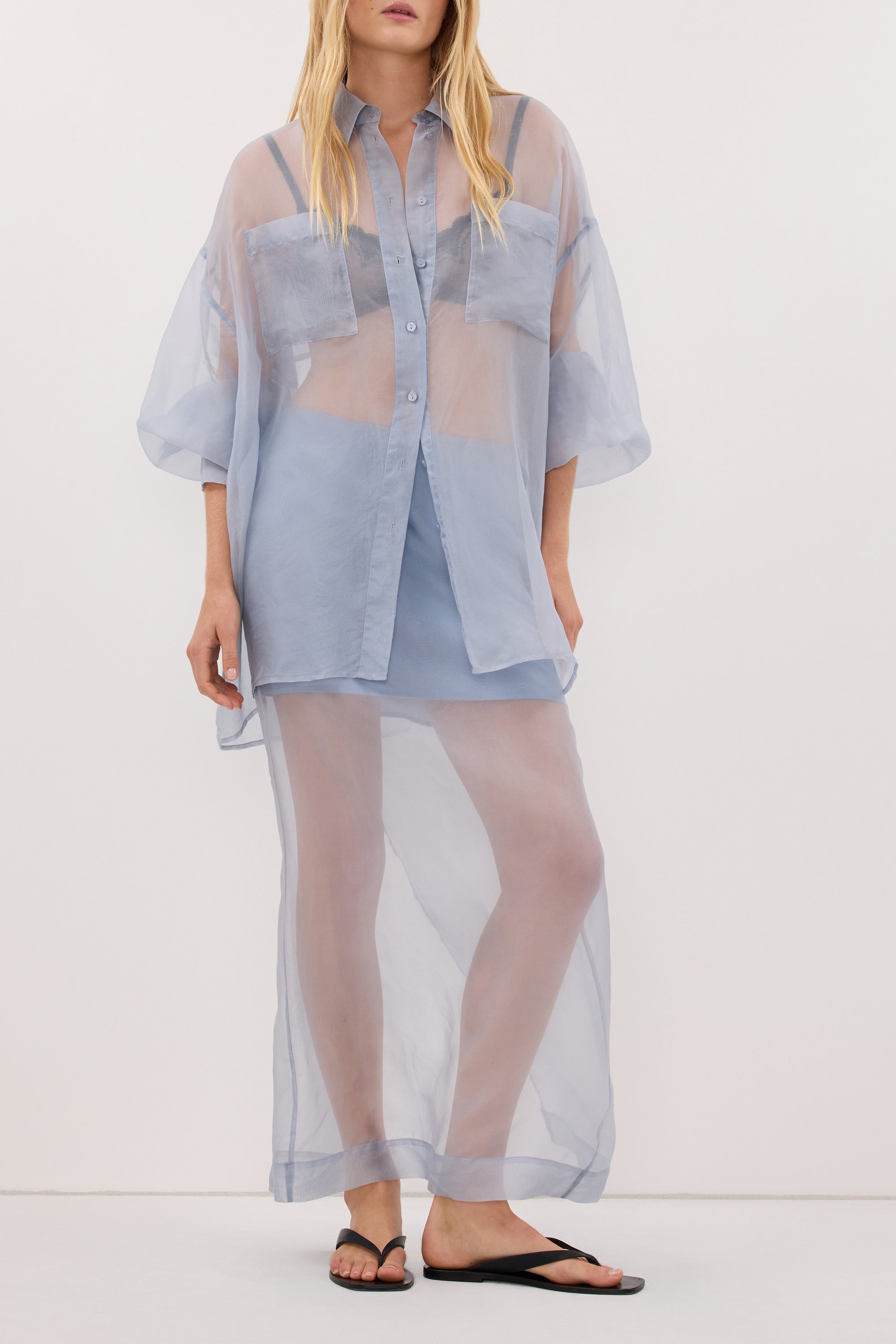 SIAN DUSTY BLUE SILK ORGANZA MIDI SKIRT