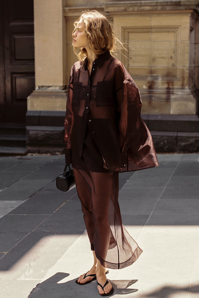 Zoe wearing SIAN DARK CHOC SILK ORGANZA MIDI SKIRT