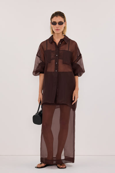 Joanna wearing SIAN DARK CHOC SILK ORGANZA MIDI SKIRT