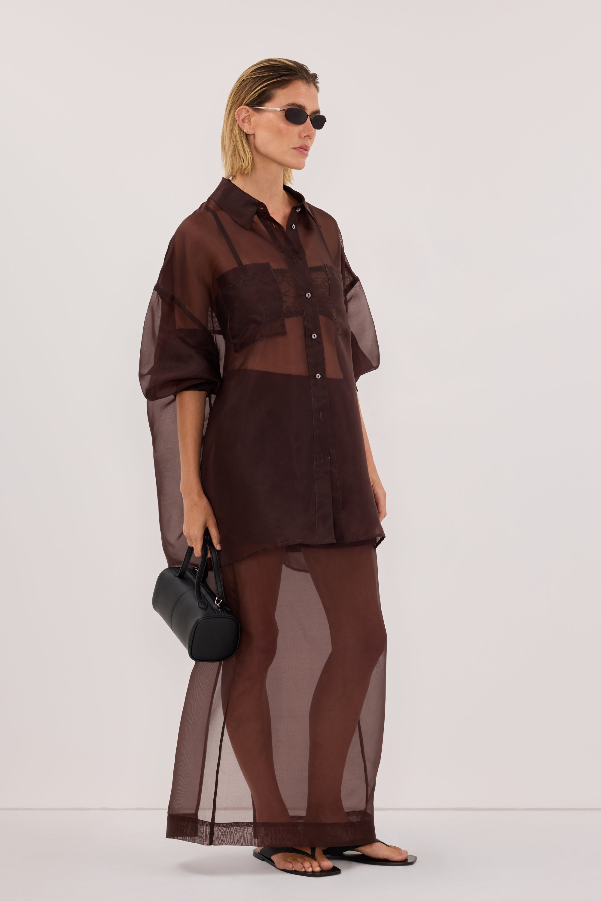 SIAN DARK CHOC SILK ORGANZA MIDI SKIRT