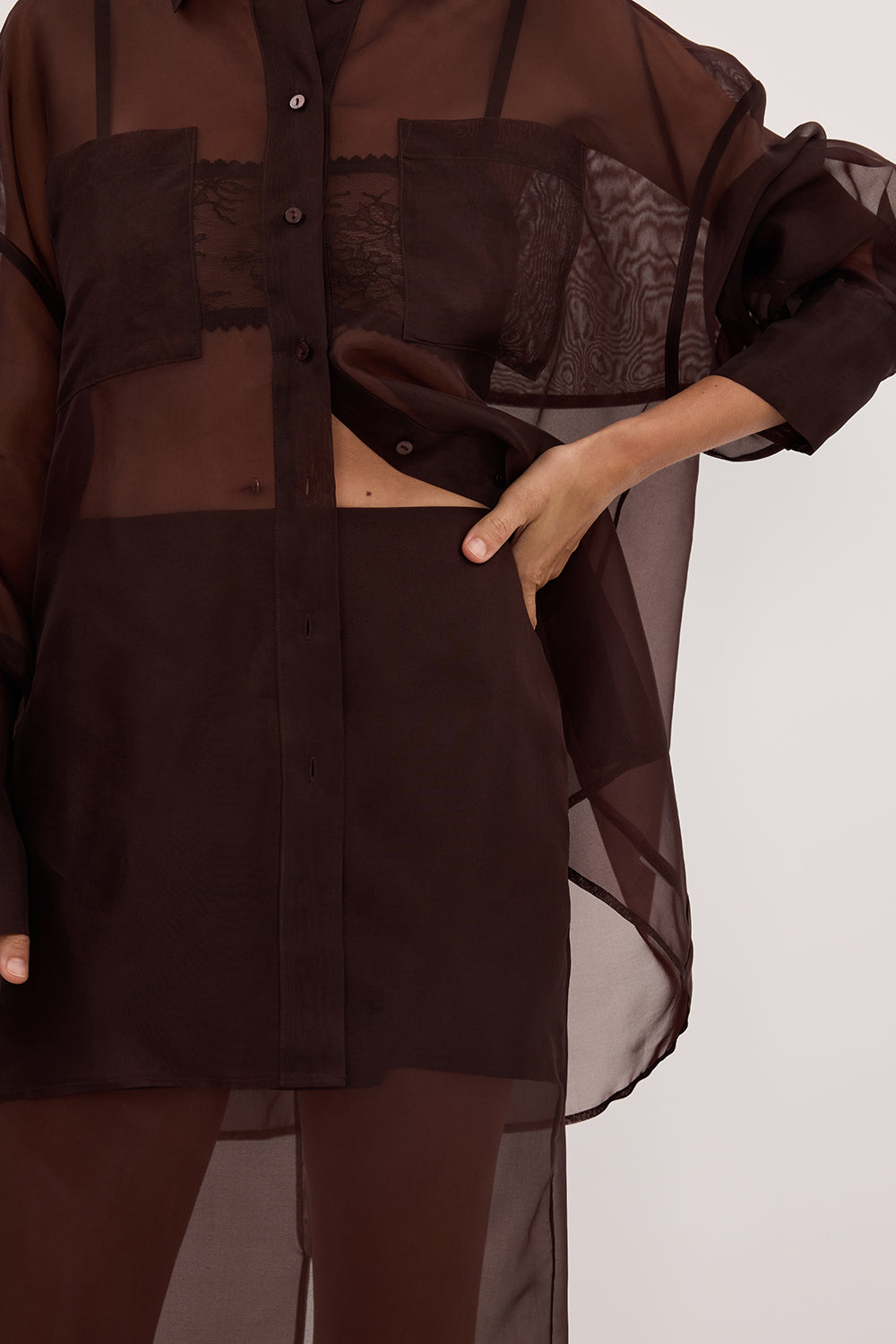 SIAN DARK CHOC SILK ORGANZA MIDI SKIRT