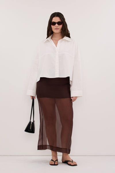 Jasmine wearing SIAN DARK CHOC SILK ORGANZA MIDI SKIRT
