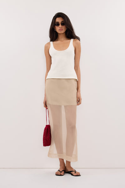 Anaya wearing SIAN GOLD SILK ORGANZA MIDI SKIRT