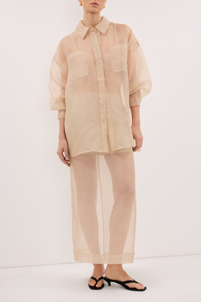 Stas wearing SIAN GOLD SILK ORGANZA MIDI SKIRT