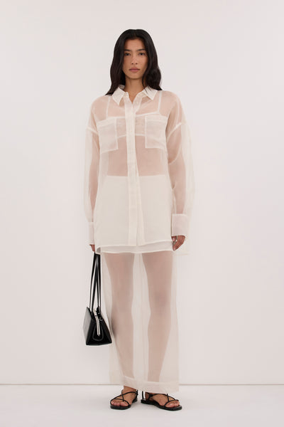 Montana wearing SIAN IVORY SILK ORGANZA MIDI SKIRT