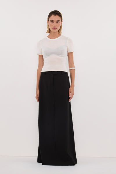 Joanna wearing PARKER BLACK TAILORED MAXI SKIRT
