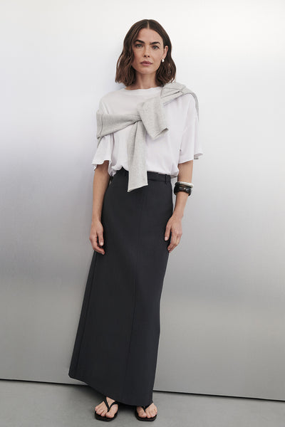 Bambi wearing PARKER GREY TAILORED MAXI SKIRT