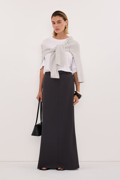 Stas wearing PARKER GREY TAILORED MAXI SKIRT