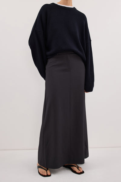 Stas wearing PARKER GREY TAILORED MAXI SKIRT