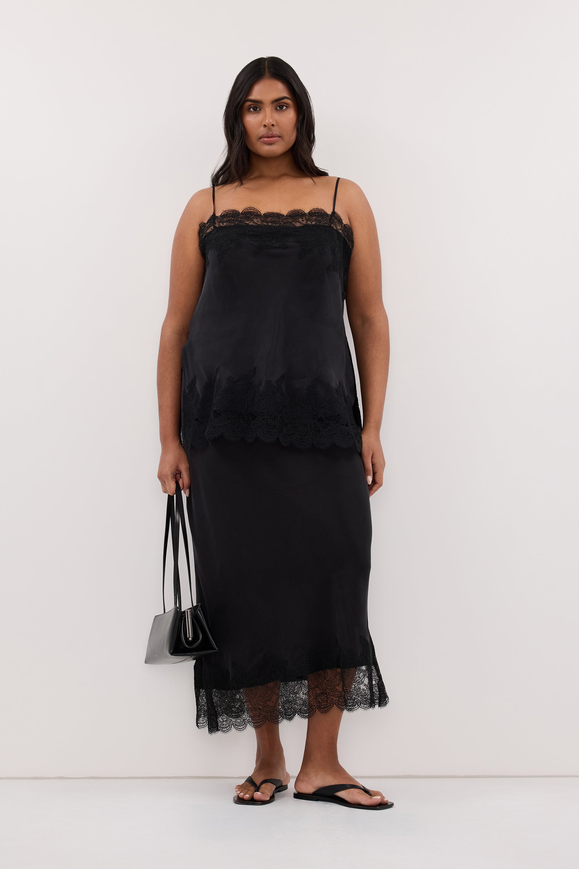 MINA BLACK CUPRO LACE MIDI SKIRT