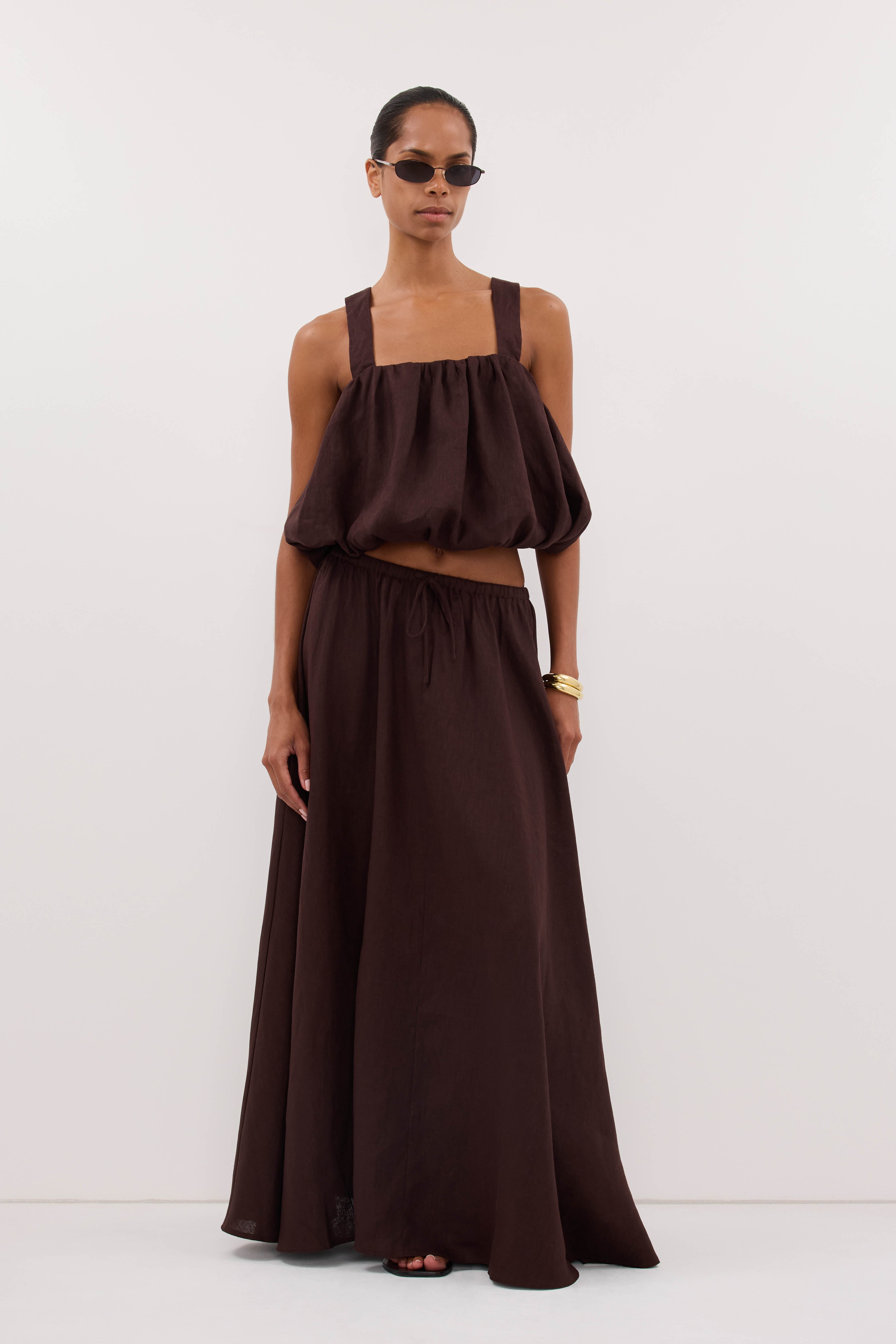 RAVELLO BURNT CHOC LINEN MIDI SKIRT
