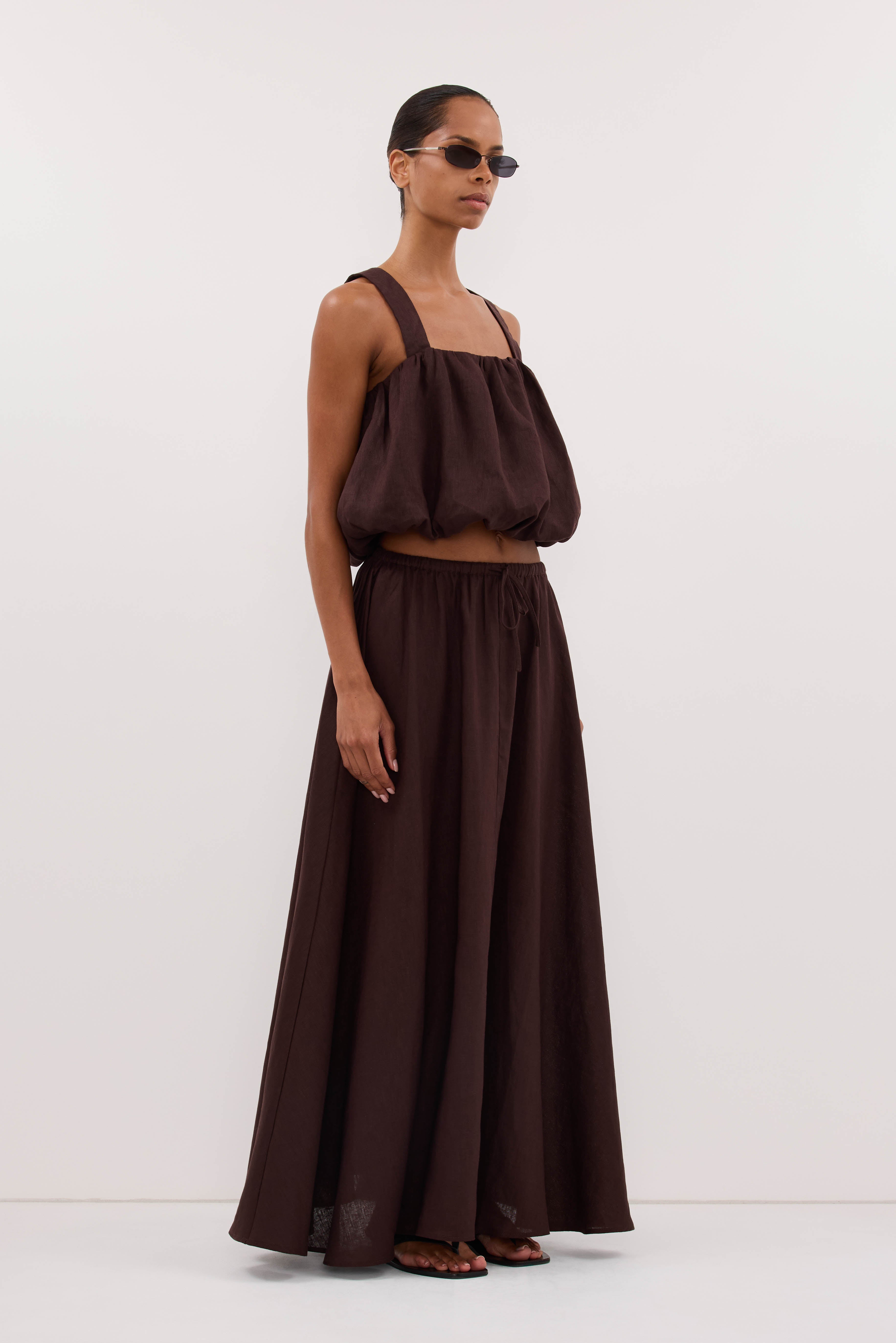 RAVELLO BURNT CHOC LINEN MIDI SKIRT