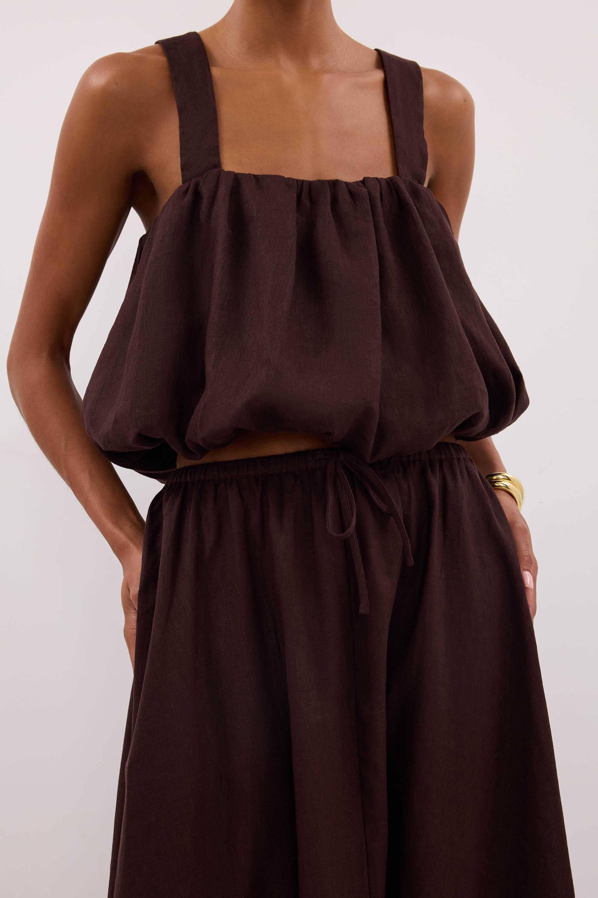 RAVELLO BURNT CHOC LINEN MIDI SKIRT