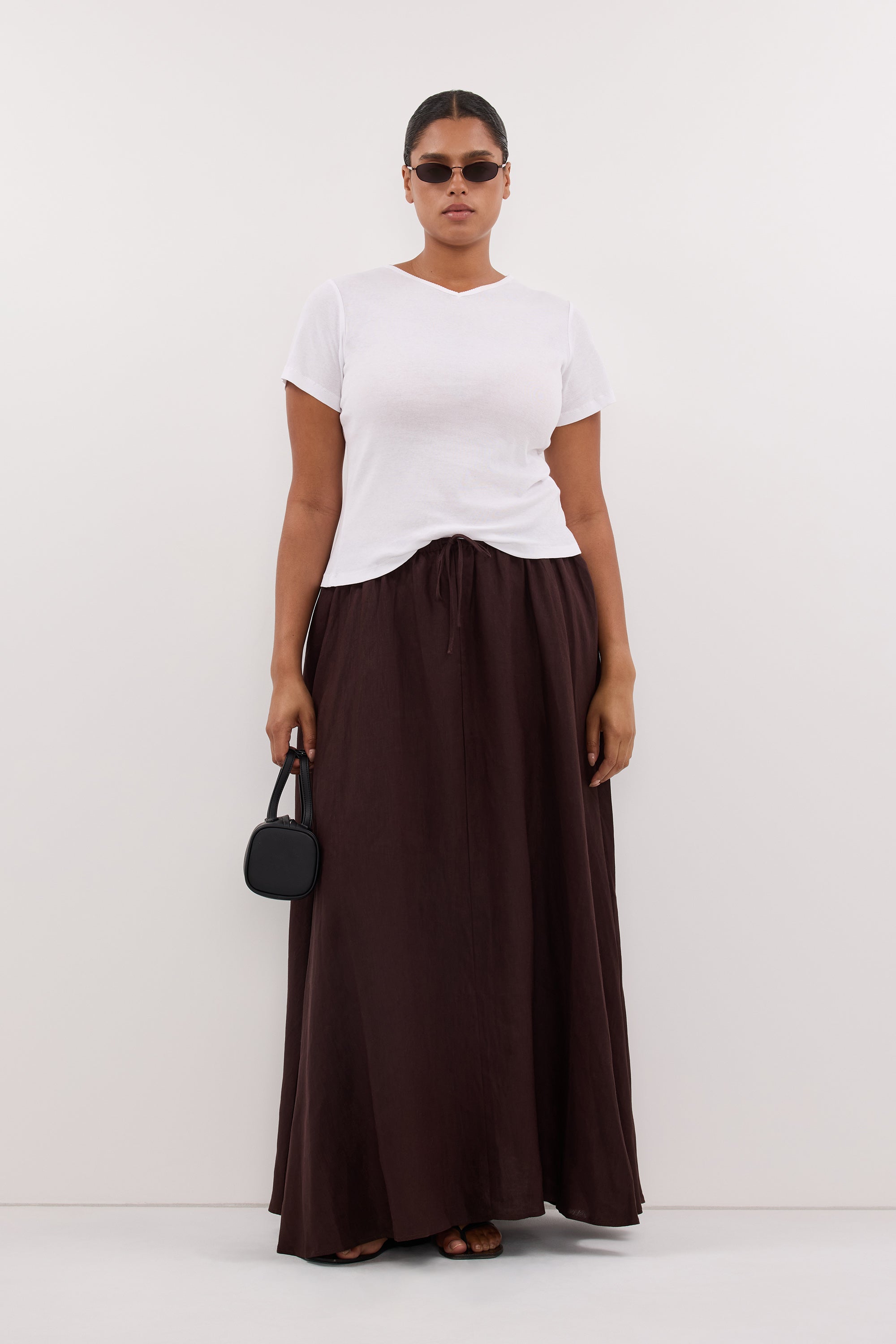 RAVELLO BURNT CHOC LINEN MIDI SKIRT