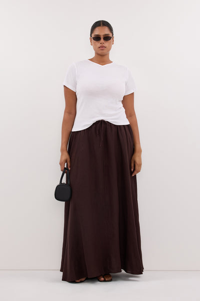 Amanda wearing RAVELLO BURNT CHOC LINEN MIDI SKIRT