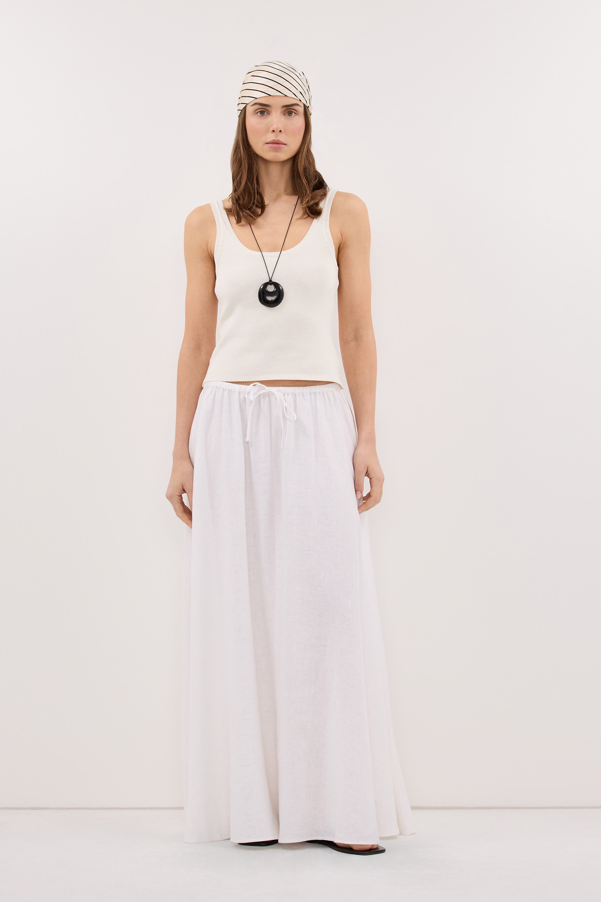 RAVELLO WHITE LINEN MIDI SKIRT