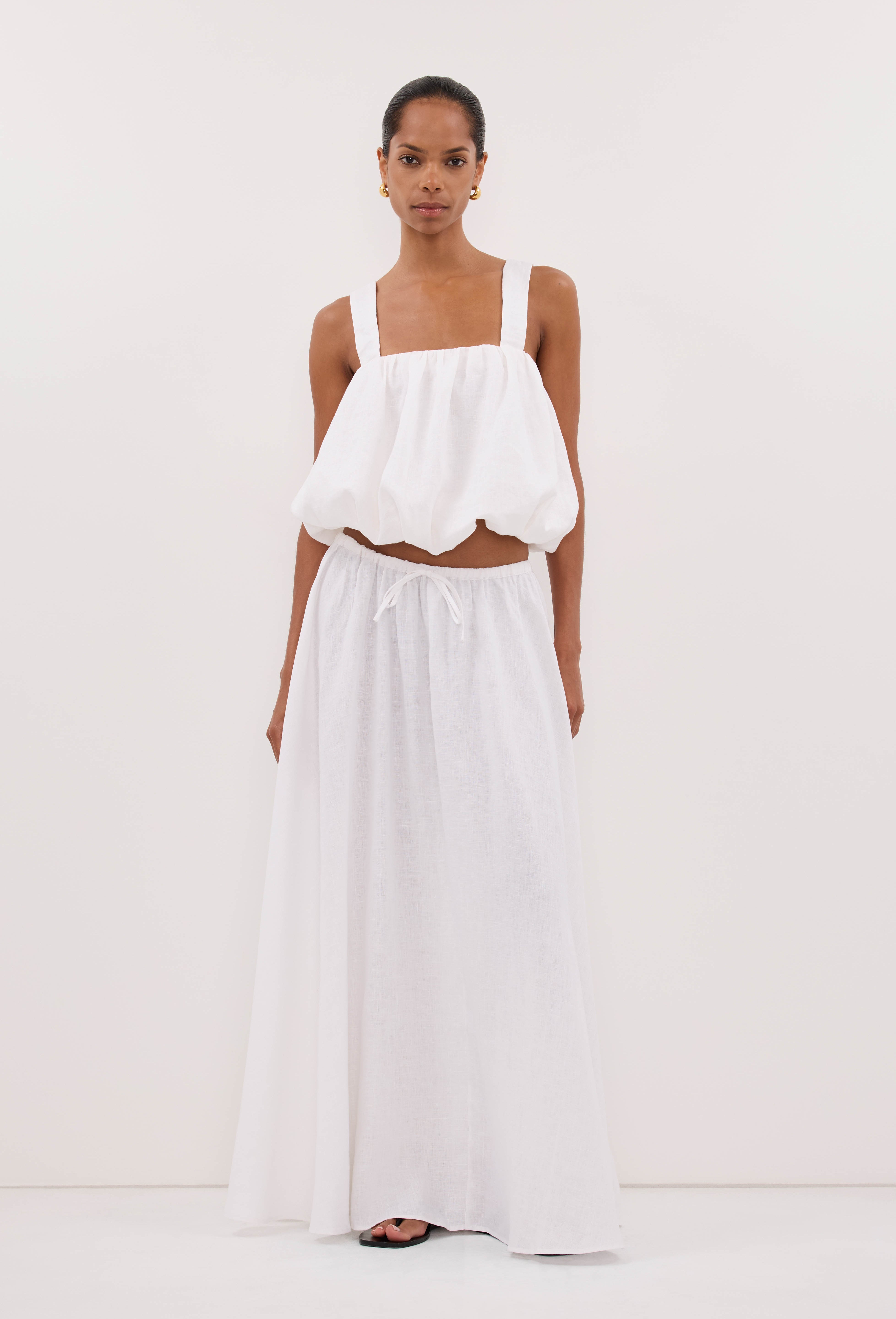 RAVELLO WHITE LINEN MIDI SKIRT