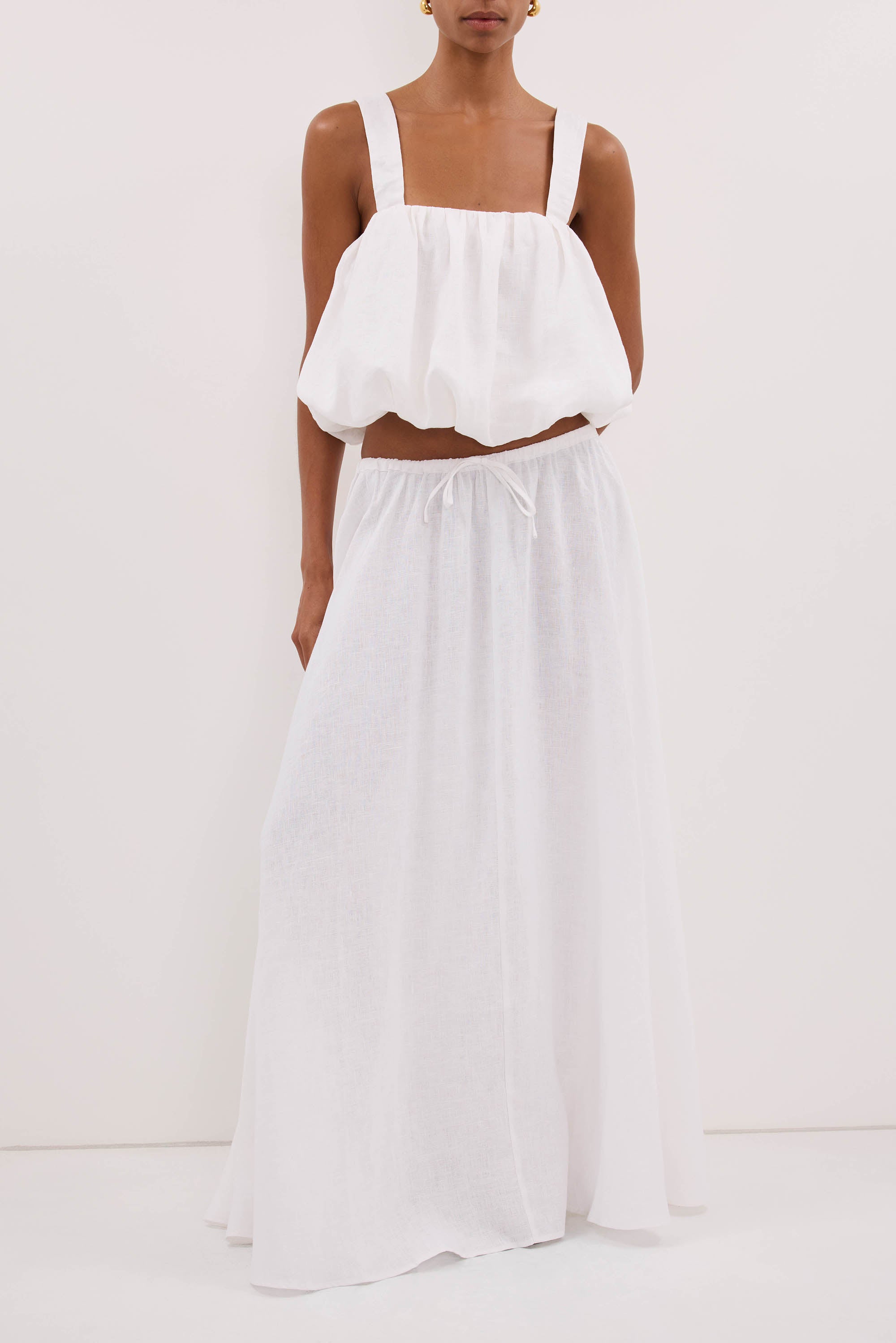 RAVELLO WHITE LINEN MIDI SKIRT