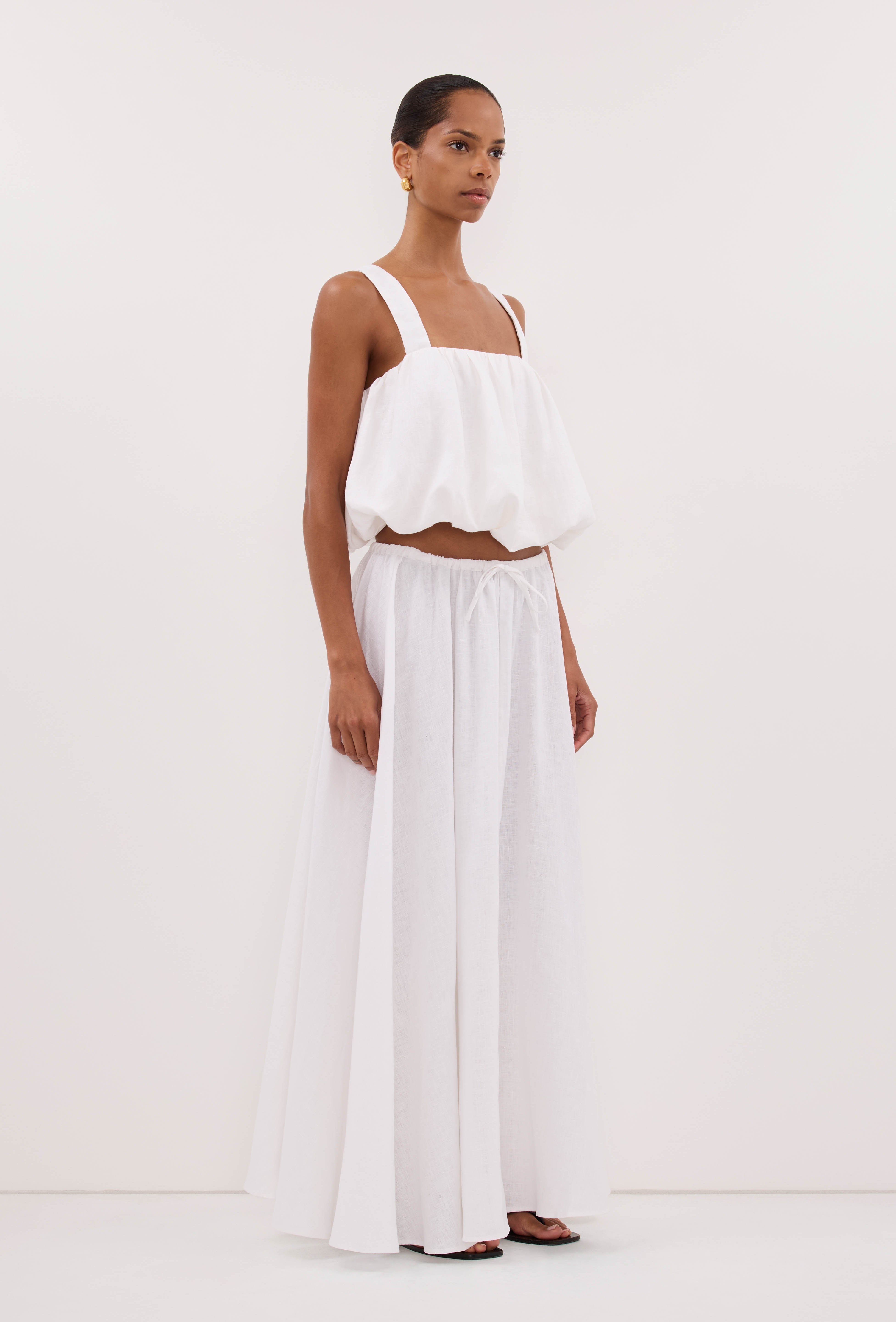RAVELLO WHITE LINEN MIDI SKIRT