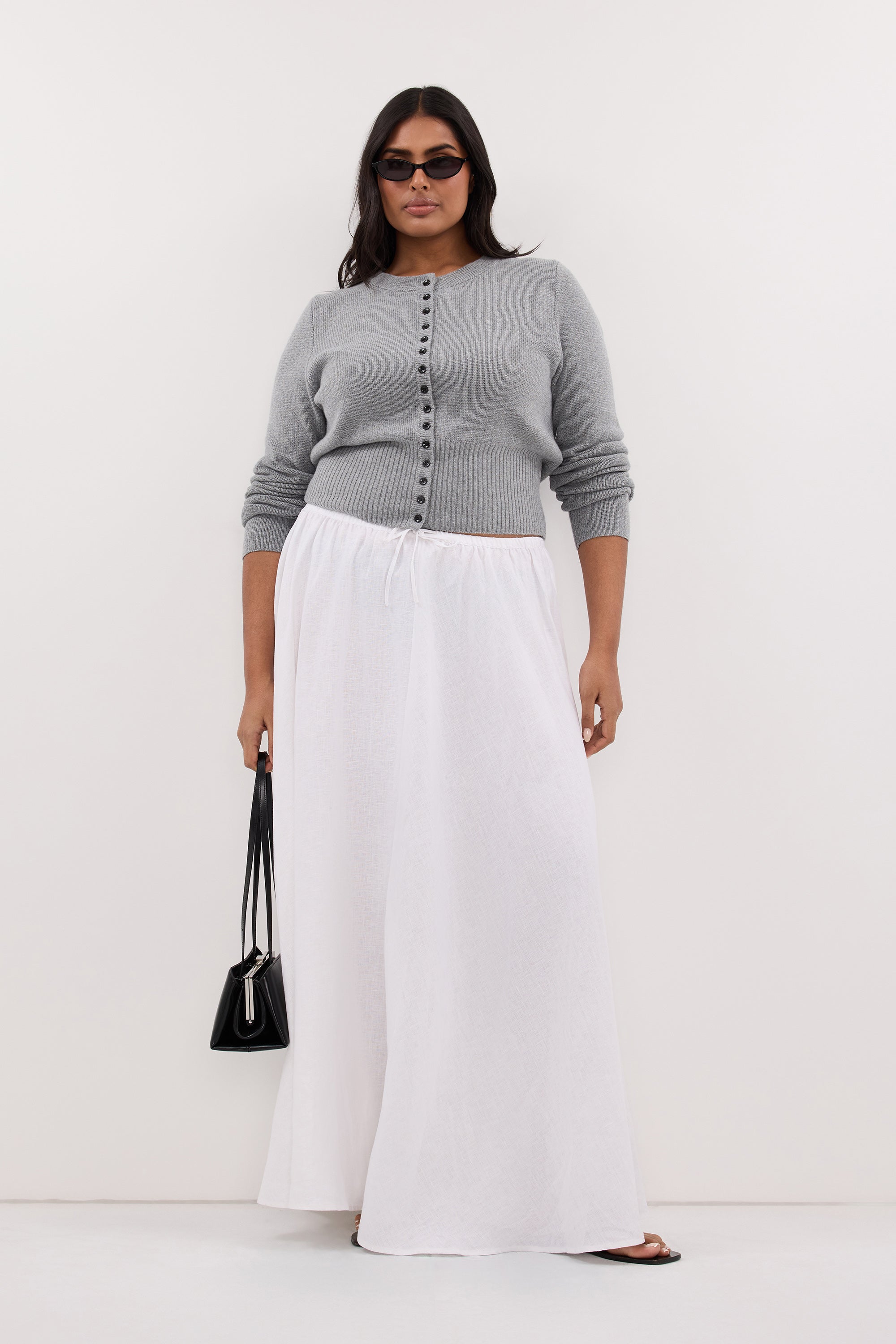 RAVELLO WHITE LINEN MIDI SKIRT