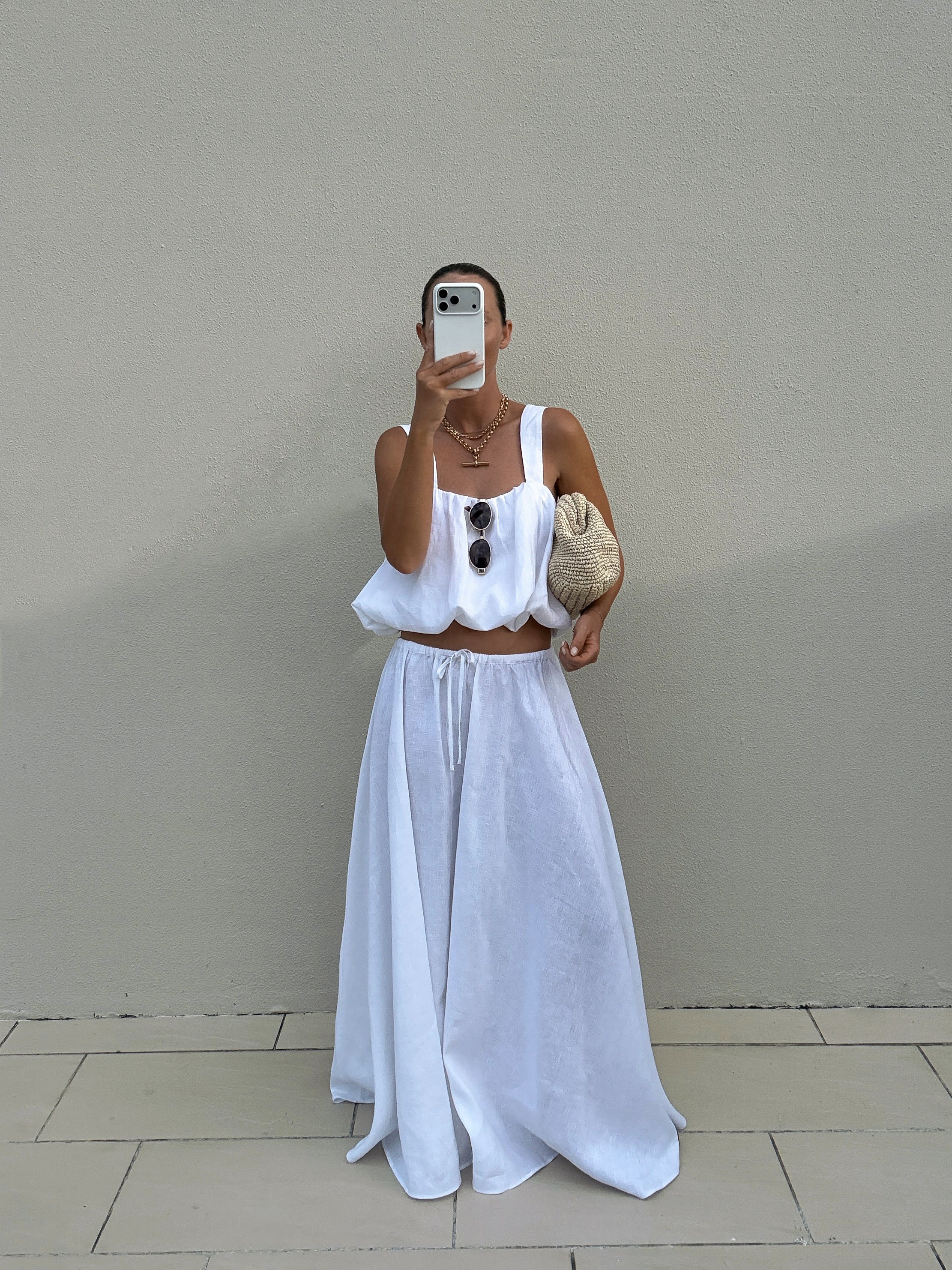 RAVELLO WHITE LINEN MIDI SKIRT