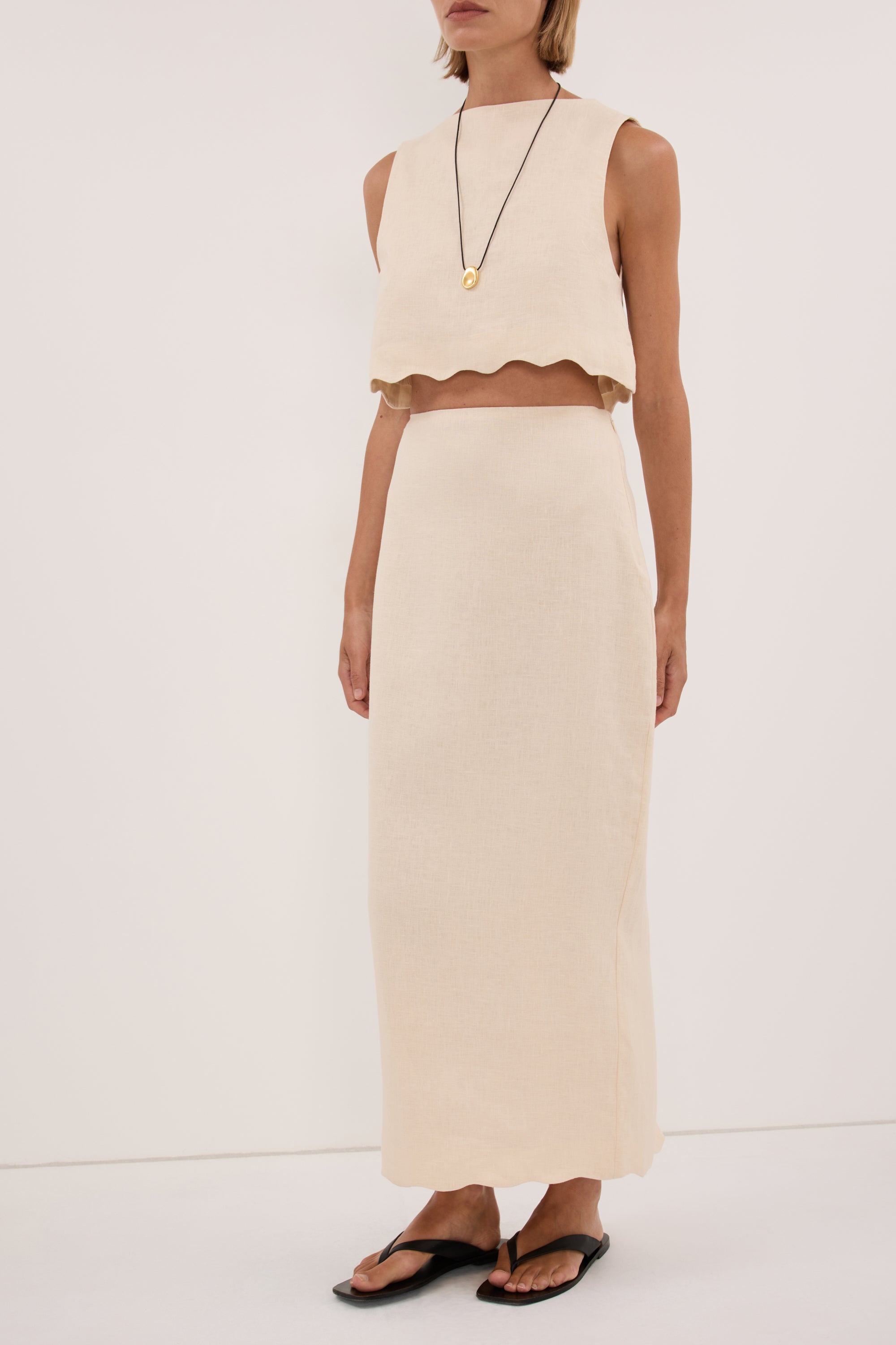 LELA SANDSTONE LINEN MIDI SKIRT