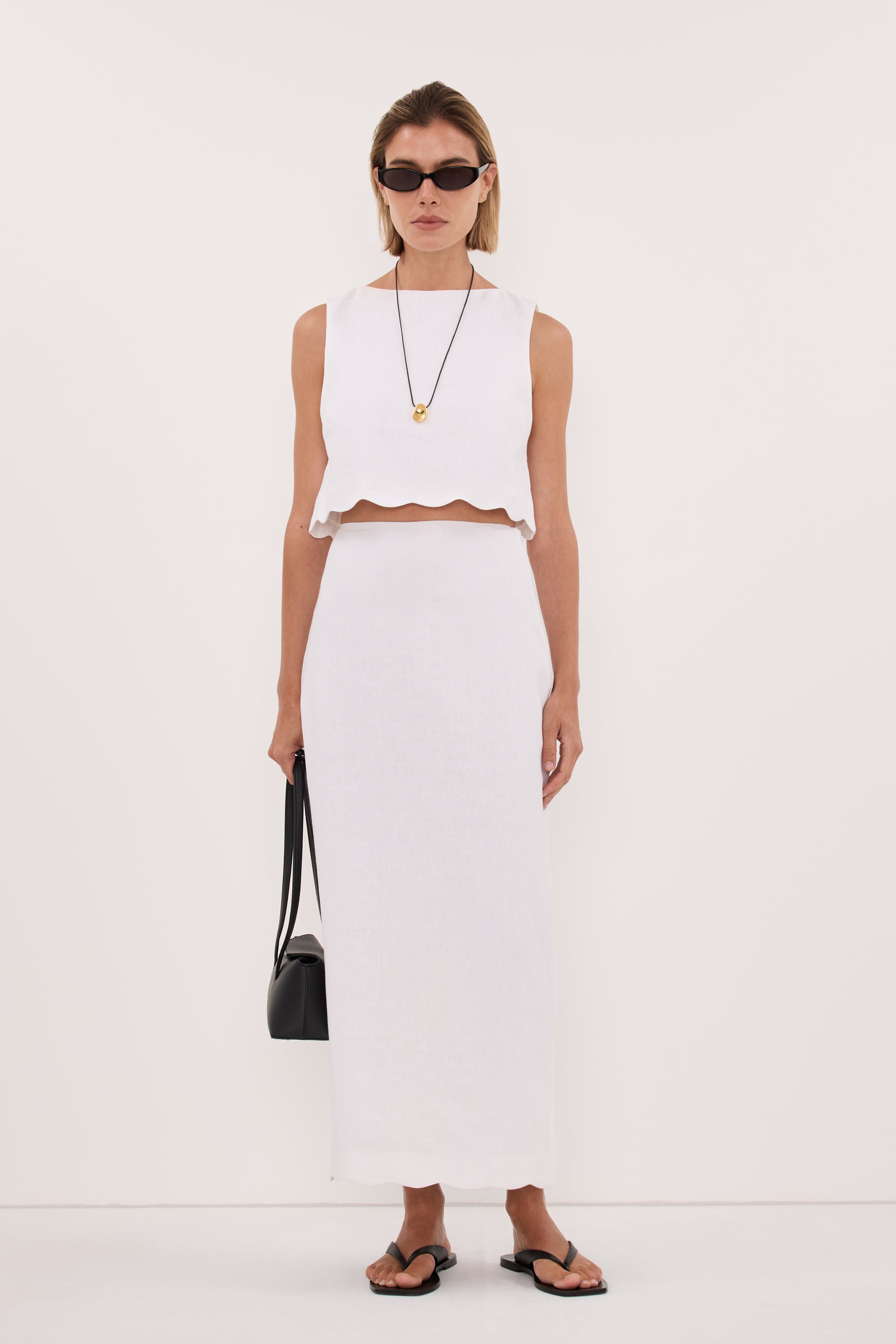 LELA WHITE LINEN MIDI SKIRT – DISSH
