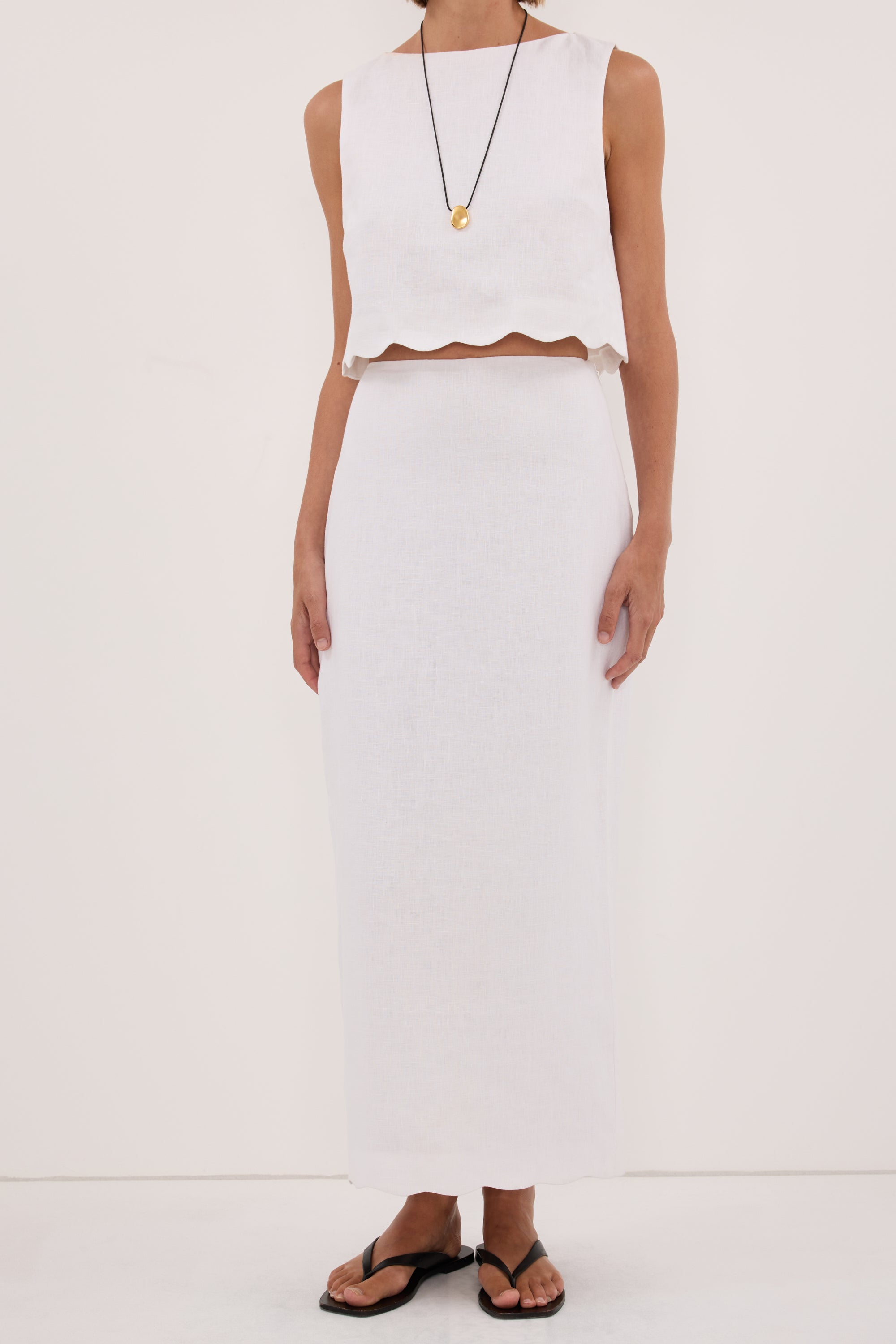 LELA WHITE LINEN MIDI SKIRT
