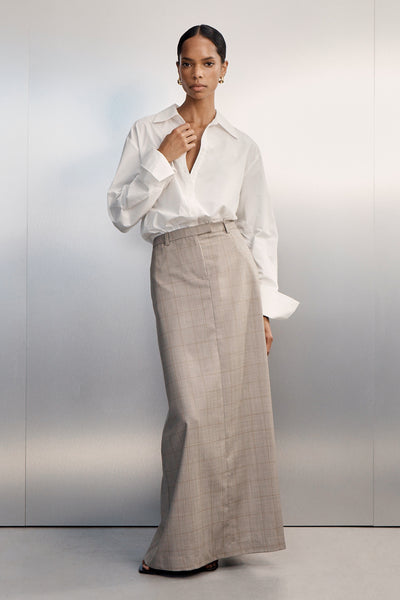 Kristen wearing KALILA ASH A-LINE MAXI SKIRT