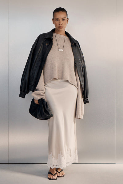 Shimma wearing SELENE OYSTER SATIN MIDI SKIRT