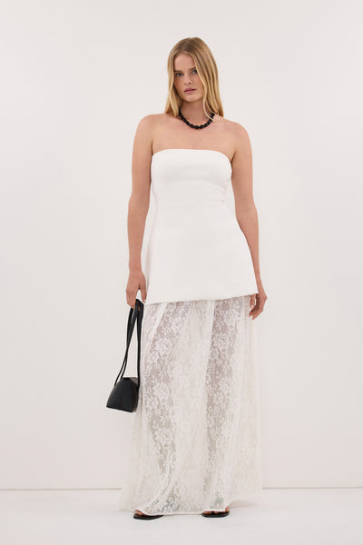Zoe wearing ANYA WHITE LACE MAXI SKIRT