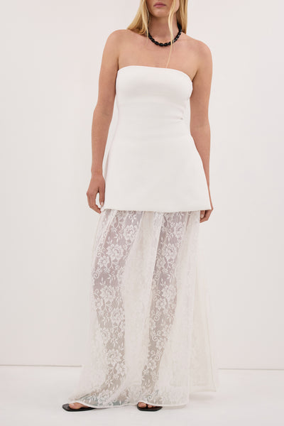 Zoe wearing ANYA WHITE LACE MAXI SKIRT