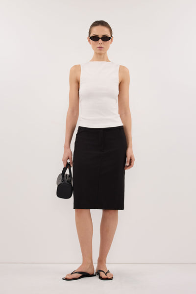 Stas wearing PARKER BLACK KNEE LENGTH SKIRT
