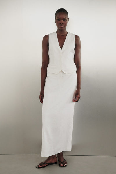 Ayen wearing WINONA WHITE LINEN MIDI SKIRT
