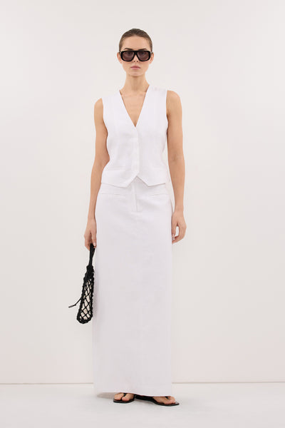 Stas wearing WINONA WHITE LINEN MIDI SKIRT