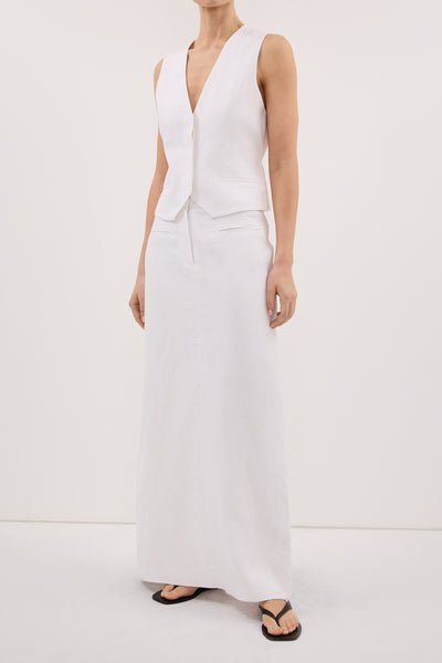 Stas wearing WINONA WHITE LINEN MIDI SKIRT
