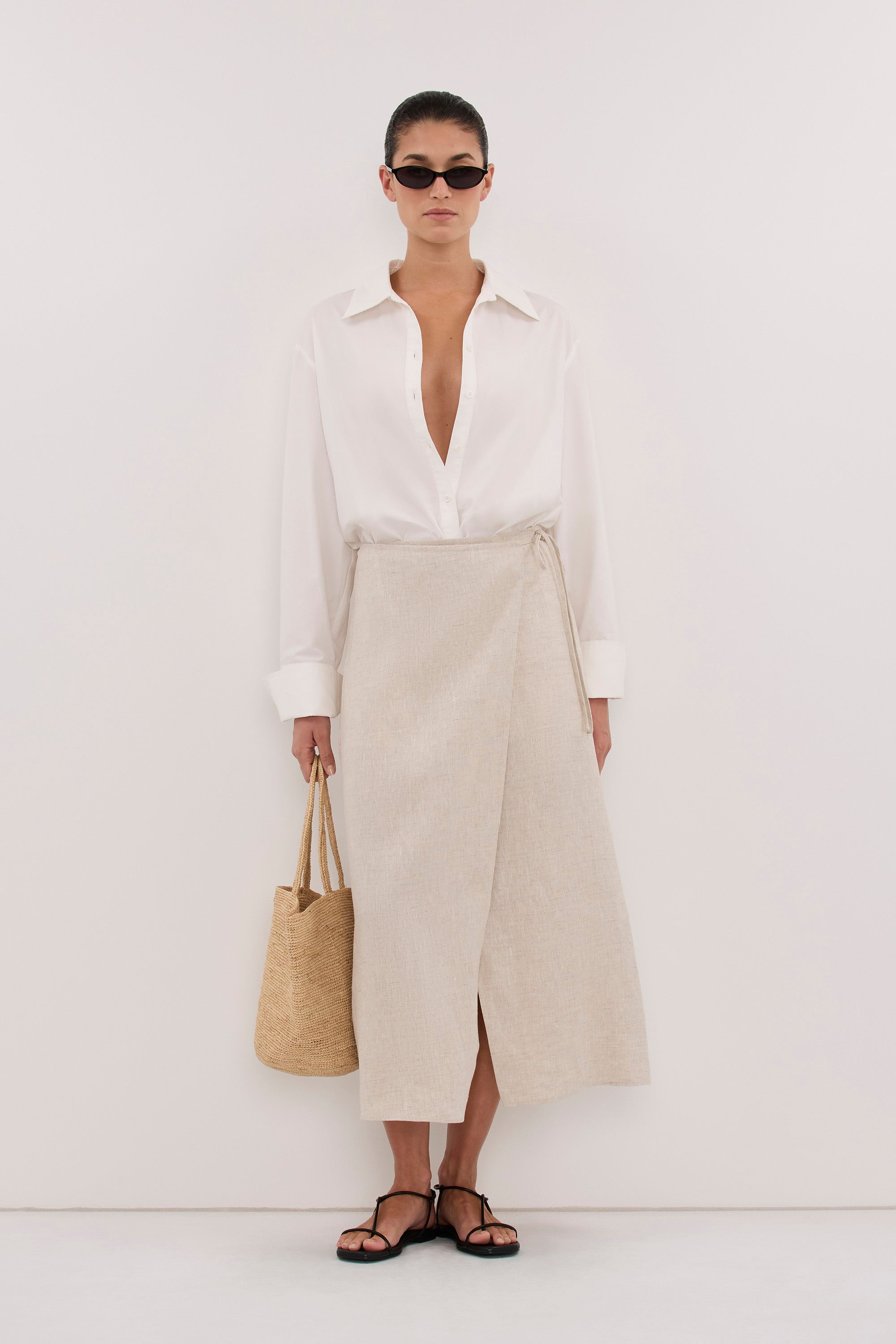 ODETTE NATURAL LINEN WRAP MIDI SKIRT