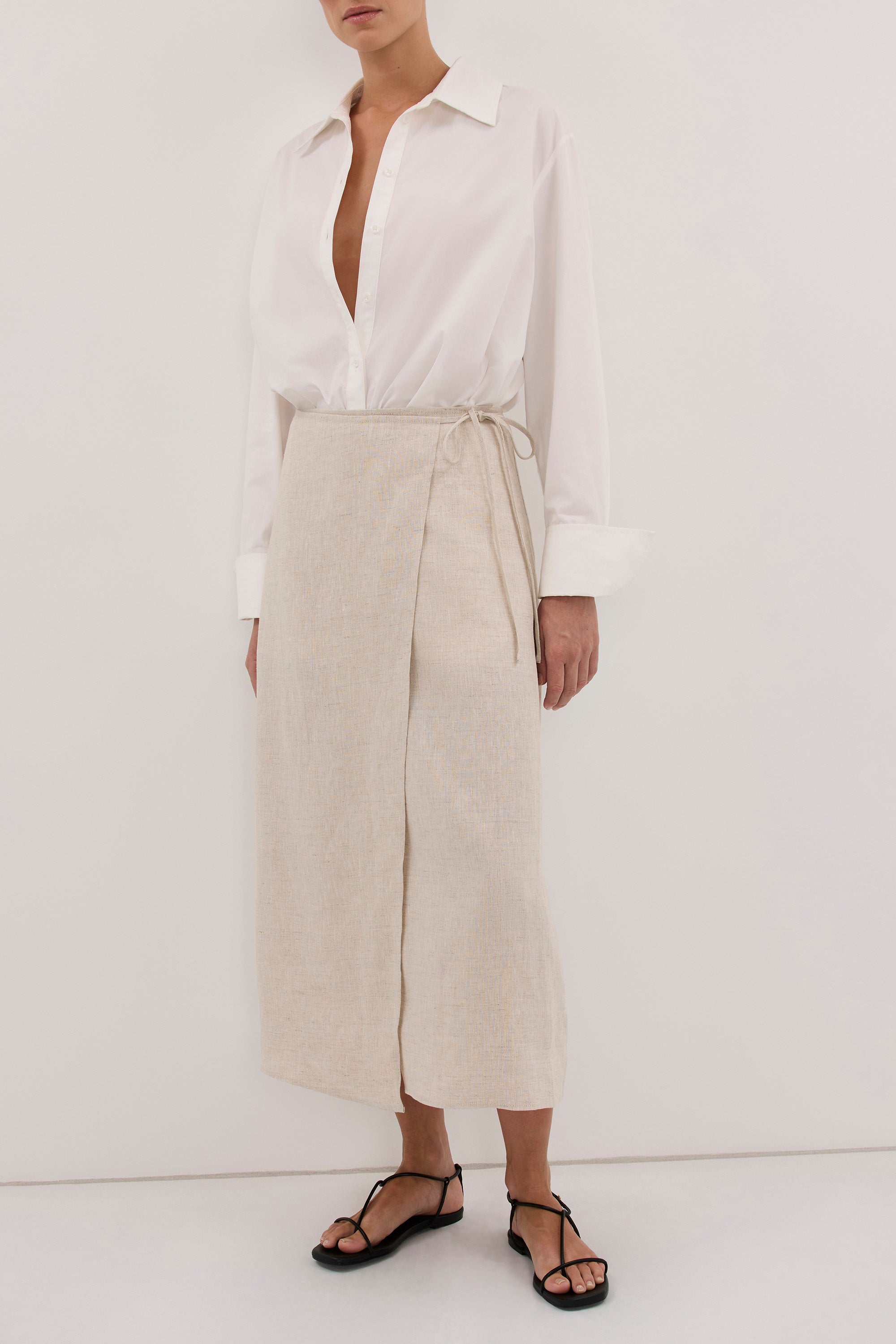 ODETTE NATURAL LINEN WRAP MIDI SKIRT