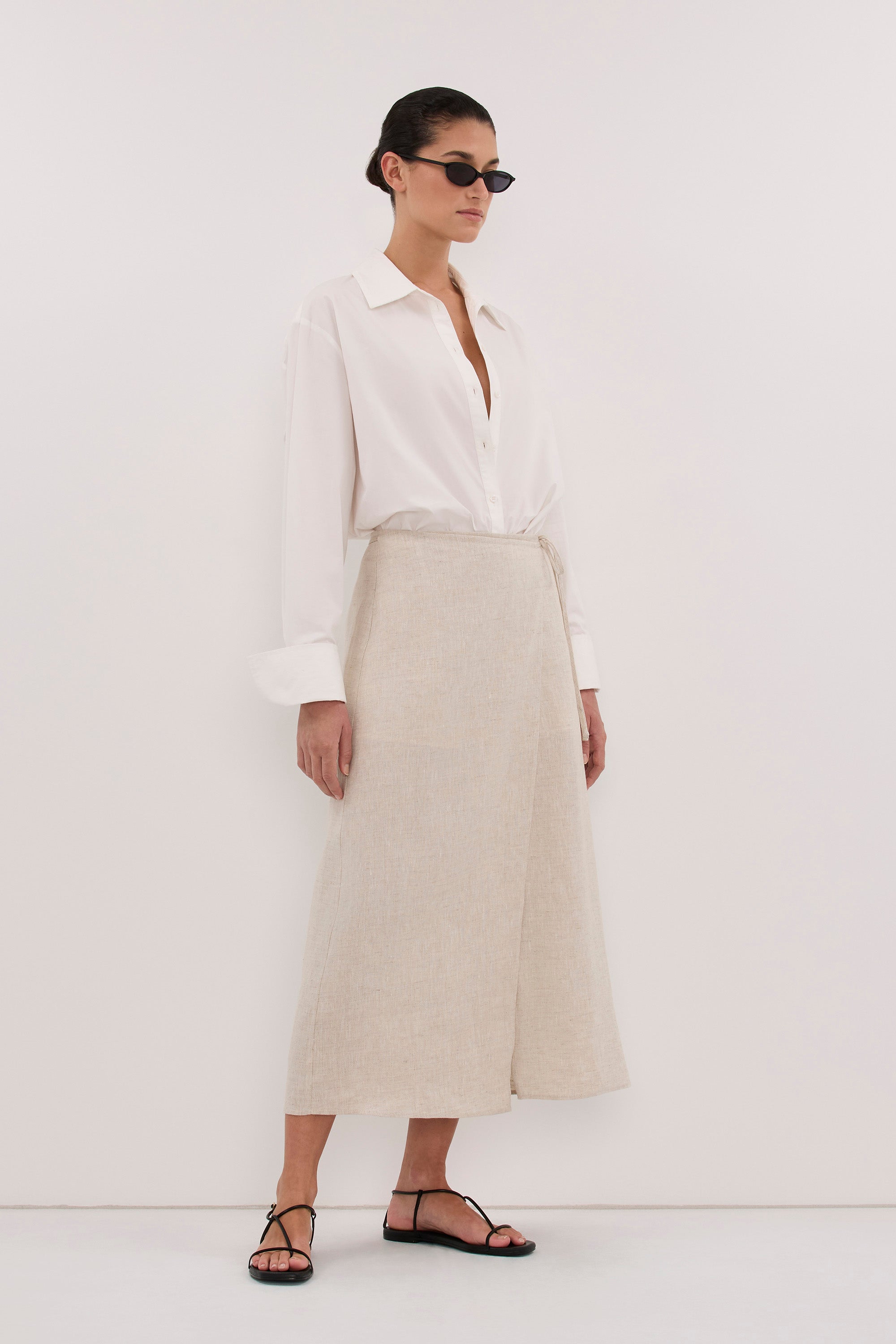 ODETTE NATURAL LINEN WRAP MIDI SKIRT