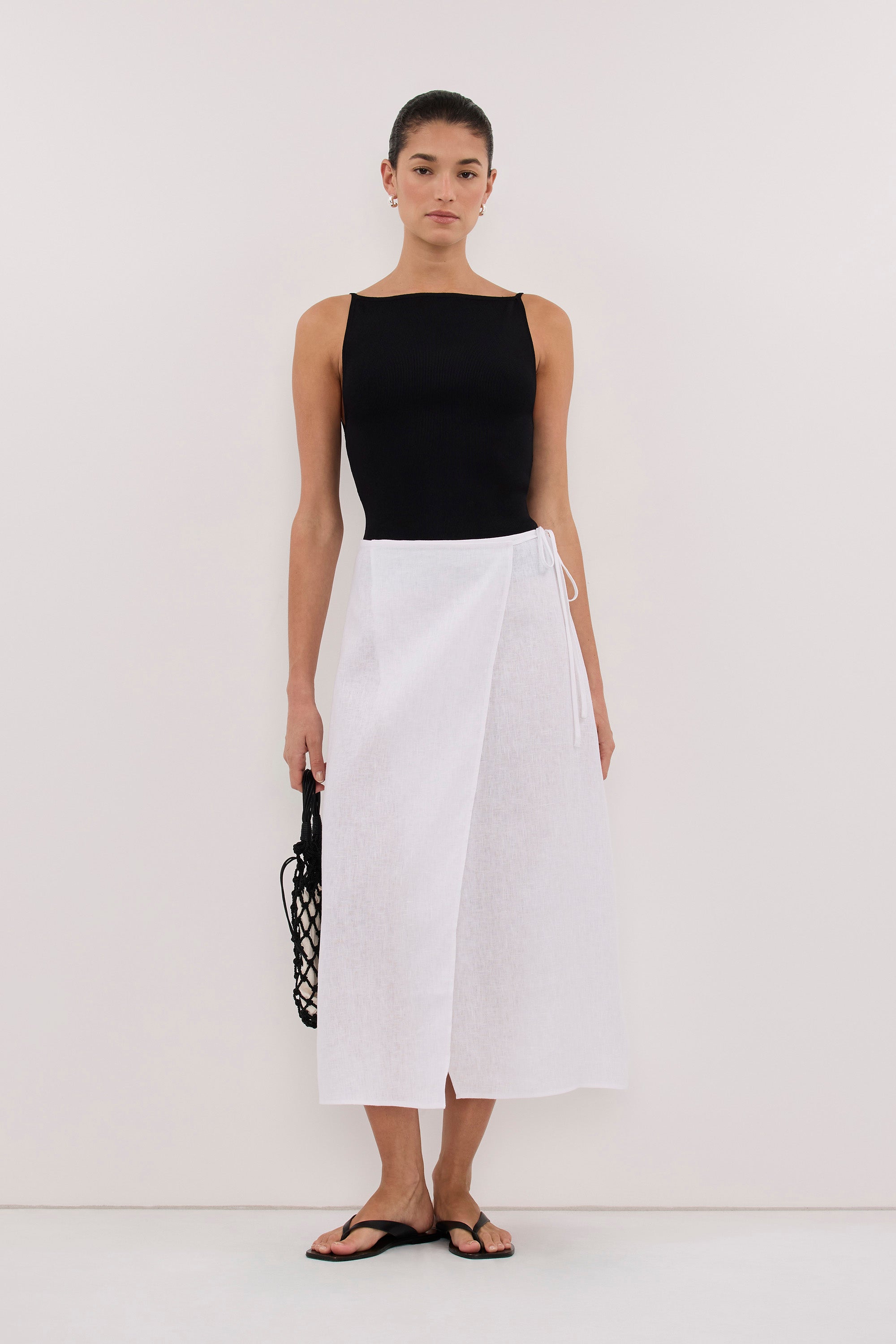 ODETTE WHITE LINEN WRAP MIDI SKIRT