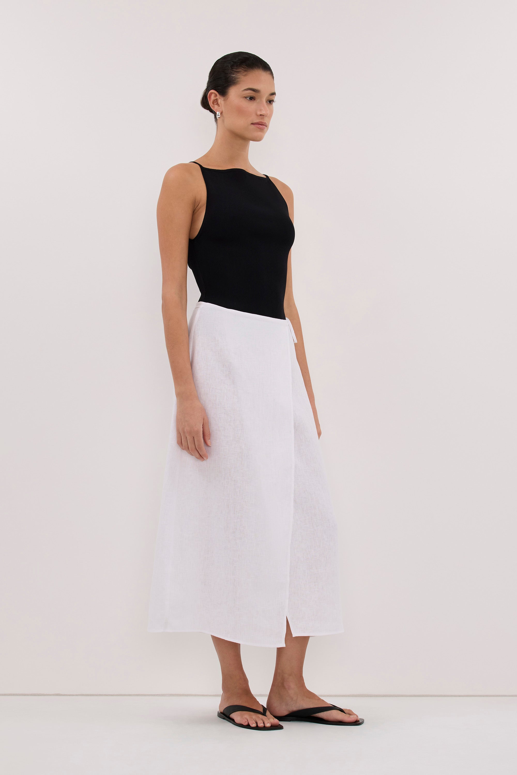 ODETTE WHITE LINEN WRAP MIDI SKIRT