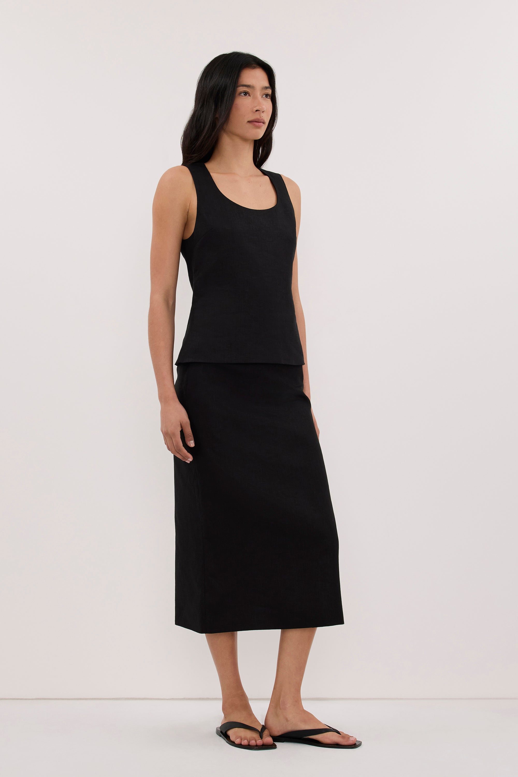 AURELI BLACK LINEN PENCIL MIDI SKIRT
