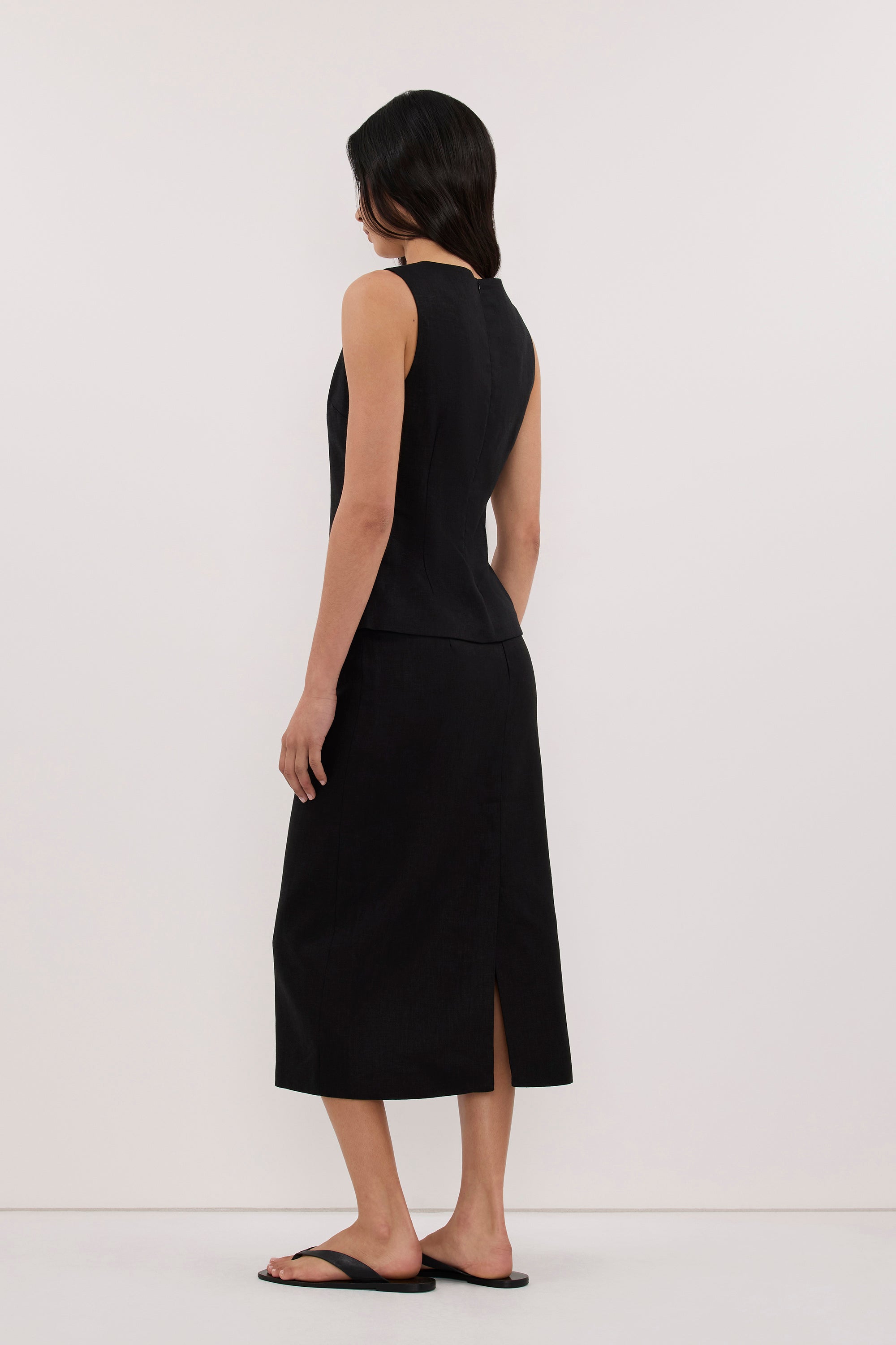 AURELI BLACK LINEN PENCIL MIDI SKIRT