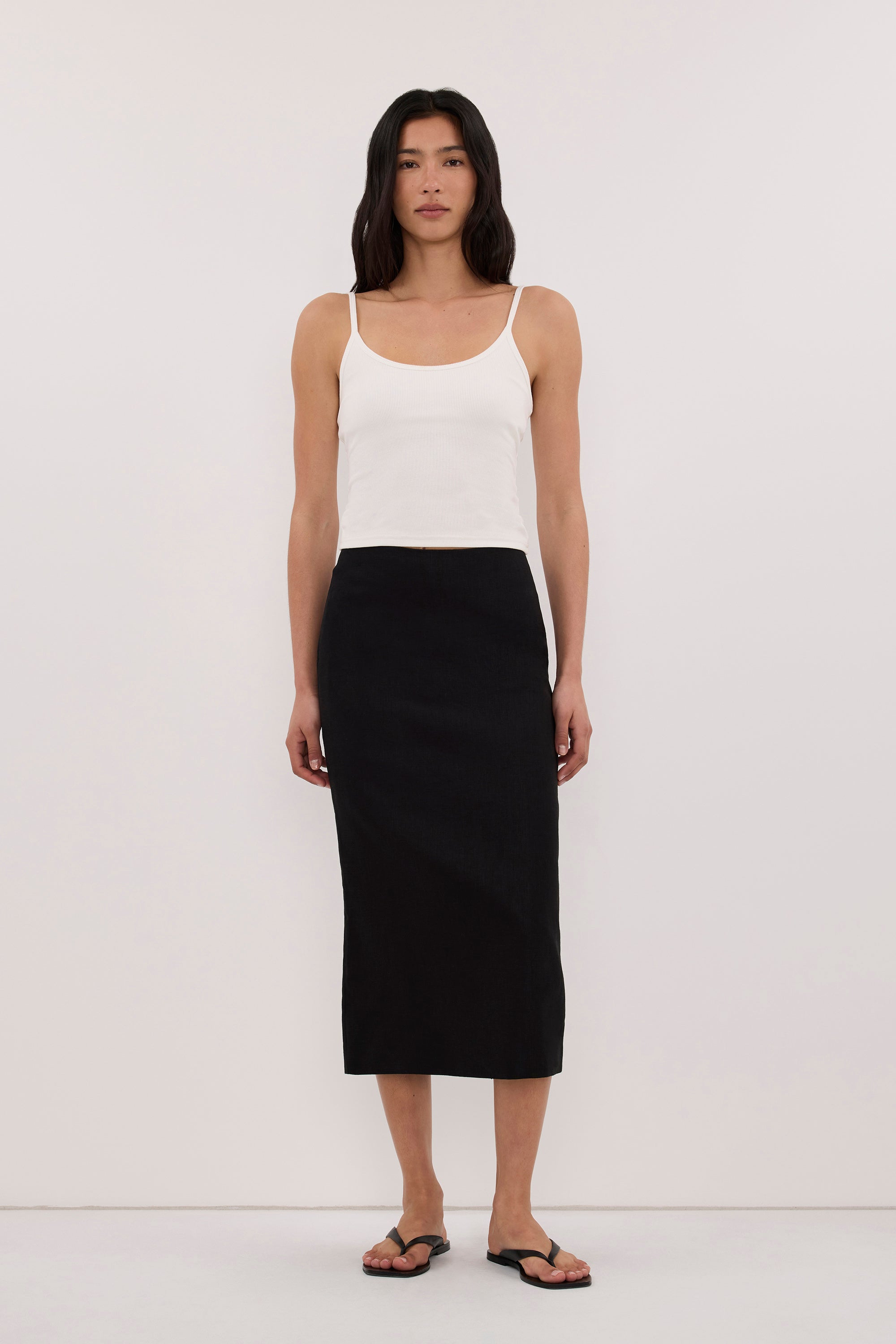 AURELI BLACK LINEN PENCIL MIDI SKIRT