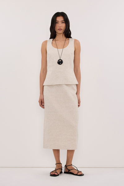 Zoey wearing AURELI NATURAL LINEN PENCIL MIDI SKIRT