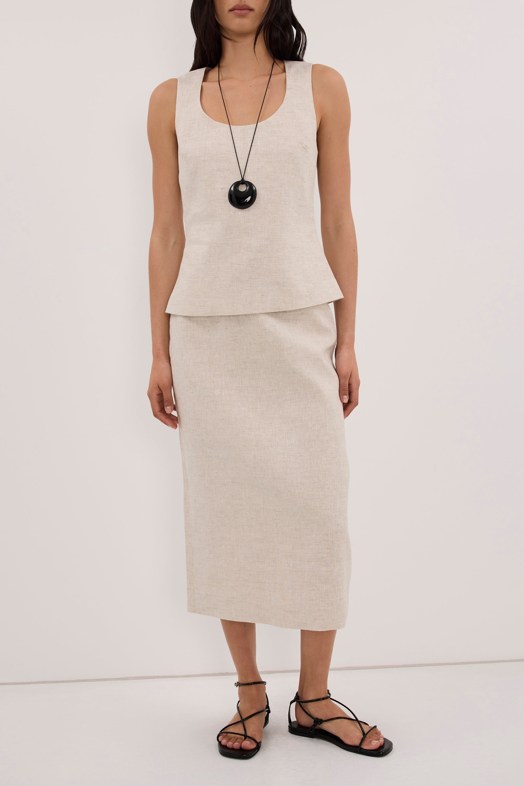 AURELI NATURAL LINEN PENCIL MIDI SKIRT